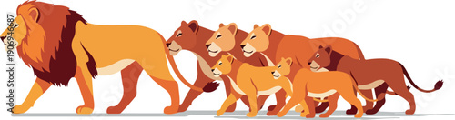 Illustration of lion family walking together in a pride, showcasing lions, cubs, and majestic manes from a side viewpoint