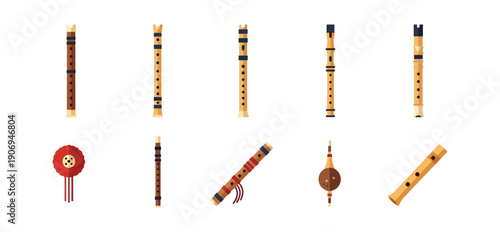 Musical instrument collection flute illustrations on black
