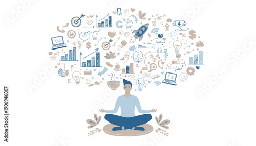 Vector illustration of a person meditating with business and technology icons floating above, for website or presentation background