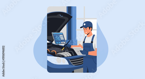 Mechanic inspects car engine with diagnostic tablet and clipboard