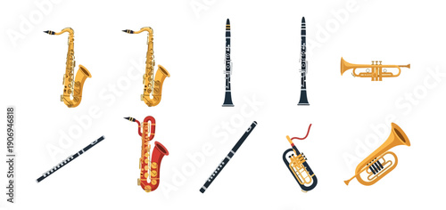 Musical instrument collection isolated on black background