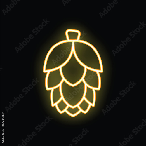 Glowing neon icon of hop cone is isolated on black background