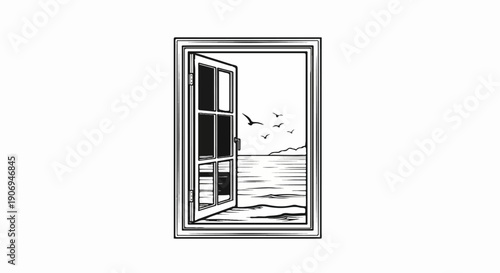 Open window reveals a serene seascape with seagulls soaring