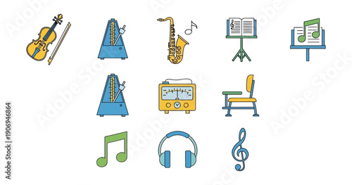 Musical instruments and accessories icons on black background