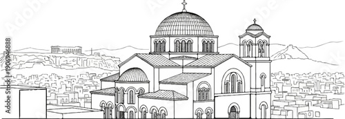 Ornate church structure with domed roofs, nestled among a cityscape