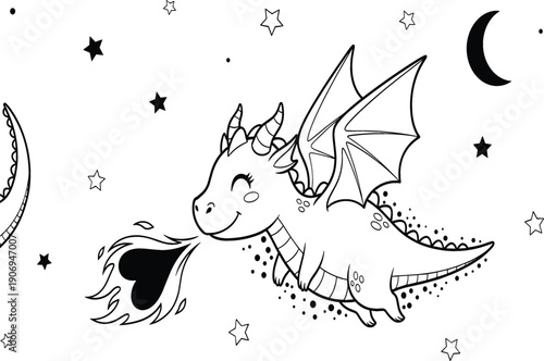 Cute flying baby dragon coloring page illustration with stars and moon, magical fantasy cartoon character, black and white line art vector
