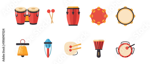 Musical instruments collection vector icons of drums tambourines and percussion on black background