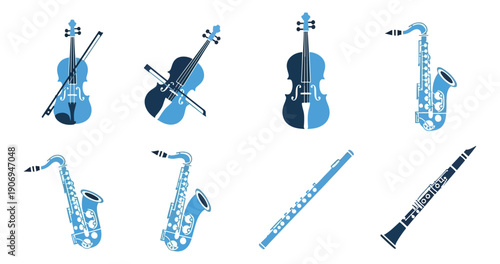 Musical instruments collection vector illustrations on black background
