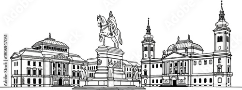 Monumental equestrian statue and classical architecture in a line drawing