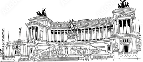 Monumental neoclassical building with sculptures, arches, columns, and a statue
