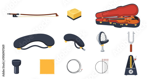 Musical instruments collection violin bow accessories isolated on black