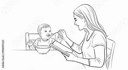 Mother feeding baby while reading a book