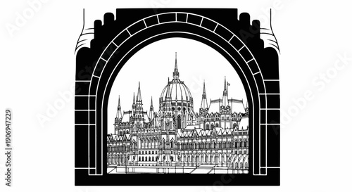 Ornate building with domes and spires seen through arched gateway