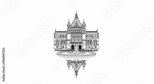 Ornate building facade with central fountain reflected in water