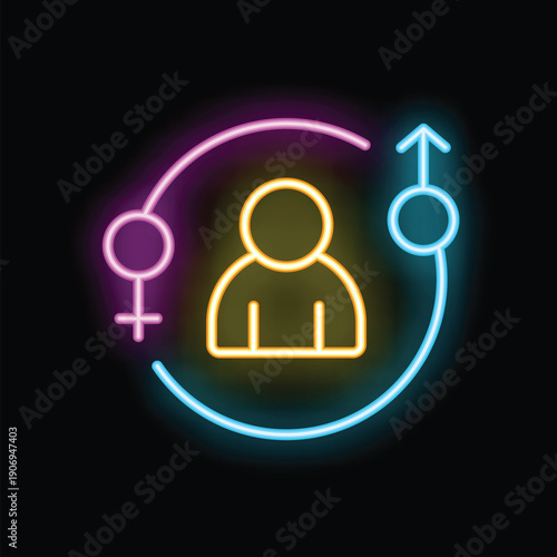 Neon glowing icon of a person choosing between male and female gender symbols, representing gender identity and choice