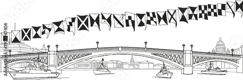 Ornate bridge spans river with naval flags and ships below