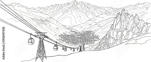 Mountain valley village with cable car, jagged peaks, and layered slopes