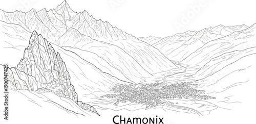 Mountain valley town with jagged peaks, winding river, and clustered buildings