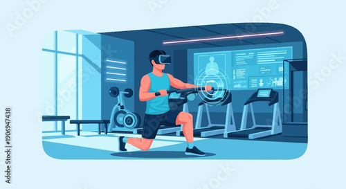 Man using VR headset in gym exercising with futuristic holographic displays