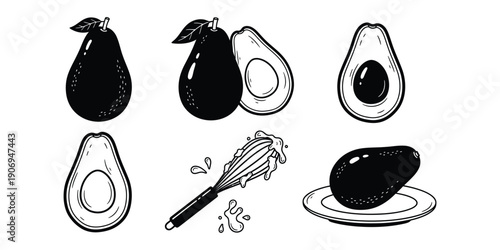 Avocado illustrations in various stages and preparations