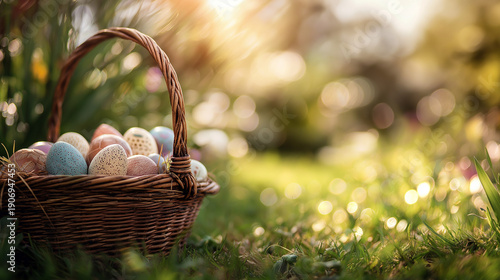 Natural Easter Scene with Basket and Flowers