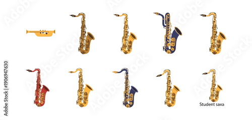 Saxophones and trumpet collection on black background
