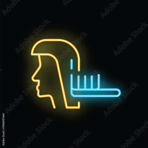 Neon sign representing the profile of a woman combing her hair with a blue comb