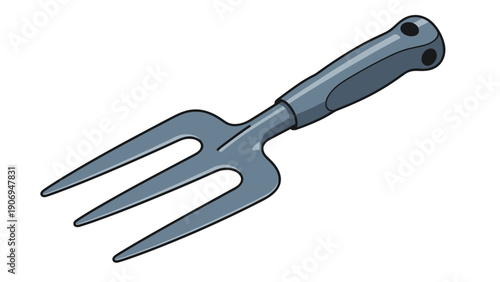Sturdy metal gardening hand fork with a gray handle used for weeding and cultivating soil in a garden or farm.