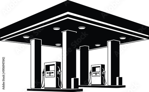 Black and white vector illustration of a modern gas station canopy with fuel pumps and pillars isolated on white background
