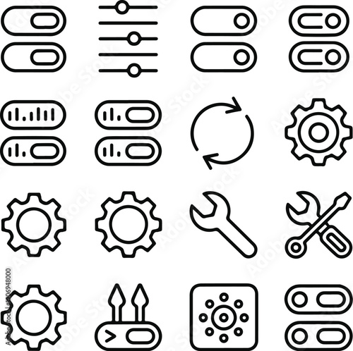 set of icons for web. system settings icons including toggles, sliders, sync, gears, sliders, repair, tools, and controls for UI, apps, and dashboards
