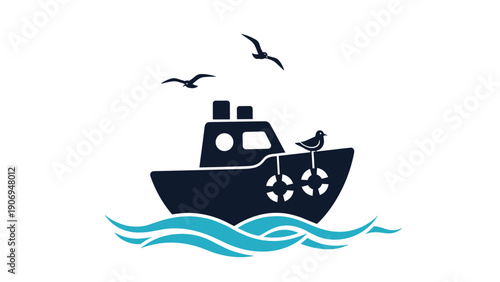 Silhouette of a small fishing boat or tugboat floating on blue stylized ocean waves under a sky with three seagulls.