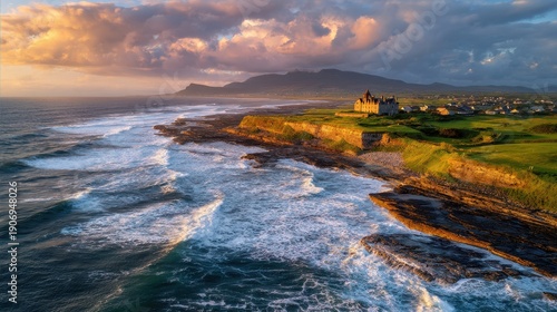 Dramatic aerial view of a historic castle on the Irish coast with crashing waves and golden hour light