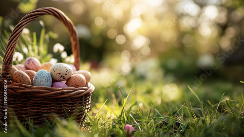 Festive Easter Eggs in Rustic Wicker Basket