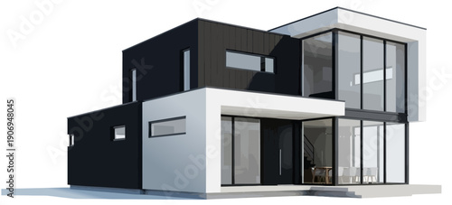 Modern Luxury Two Story Black and White Cube House Design with Large Glass Windows