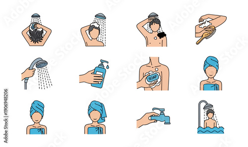 Shower routine illustration set body care hygiene personal cleansing