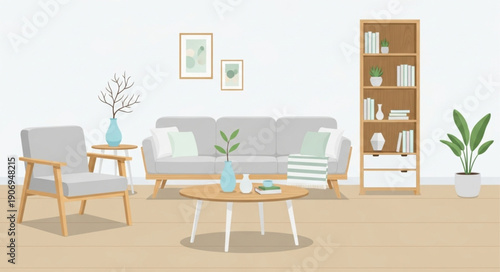 Cozy Living Room Scene with Sofa Armchair and Bookshelf.