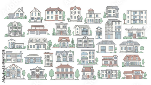 Huge collection of minimalist house icons and residential building sketches in light colors and varied architecture.