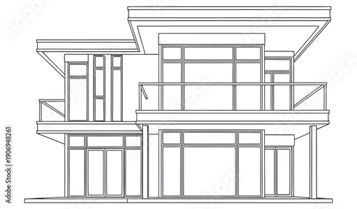 Modern Luxury House Blueprint Line Art Elevation Drawing for Architectural Design Projects