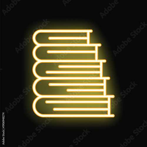 Bright yellow neon illustration of a stack of books glowing on a black background