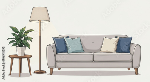 Cozy living room sofa with decorative pillows and a floor lamp.