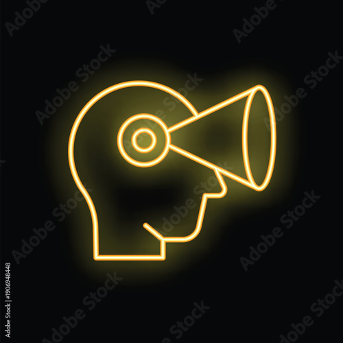 Yellow neon glowing symbol of virtual reality experience with a human head wearing vr glasses