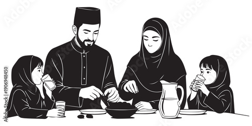 Muslim family enjoying iftar meal together during Ramadan on White background,Family iftar together vector icon black silhouette white background ,black,pro