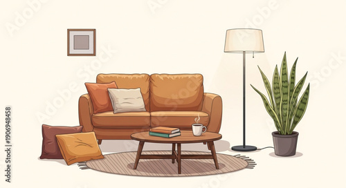 Cozy living room with orange sofa and coffee table.