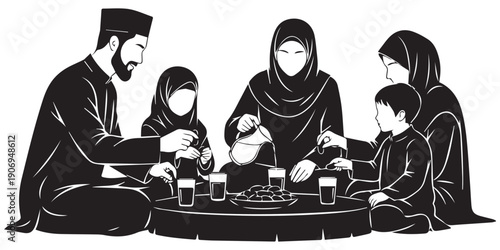Muslim family enjoying iftar meal together during Ramadan on White background,Family iftar together vector icon black silhouette white background ,black,pro