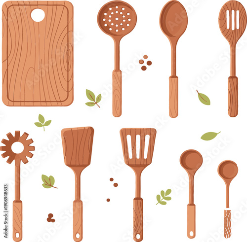 Wooden kitchen utensils and cutting board set with spoons spatulas and ladles, eco friendly cooking tools cartoon flat vector illustration isolated on white background