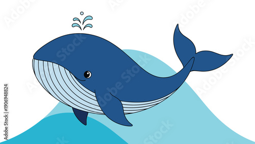 Friendly blue whale blowing water from its spout swimming in ocean waves against a plain white background illustration.