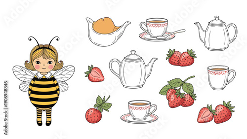 Charming illustration set of a cute bee girl character with strawberries, tea sets, and various sweet delicious treats.