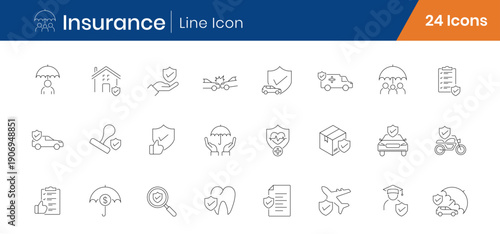 Insurance and Protection Outline Icons Set of 24. Health, Life, Car, Property Coverage Linear Vector Editable Stroke