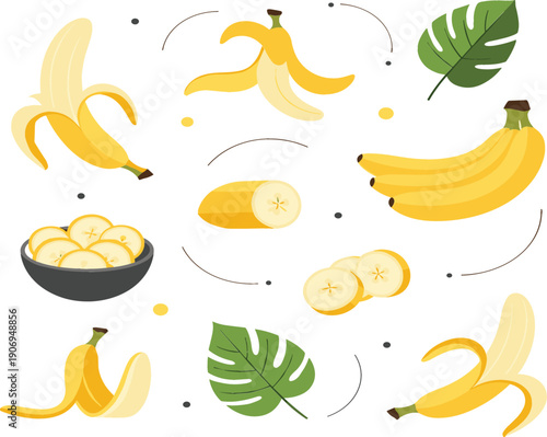 Banana fruit collection with peeled whole and sliced bananas and tropical leaves, fresh healthy food flat vector illustration isolated on white background