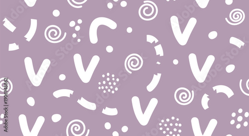 Memphis style pattern with white shapes on lilac background, seamless texture for website or social media background